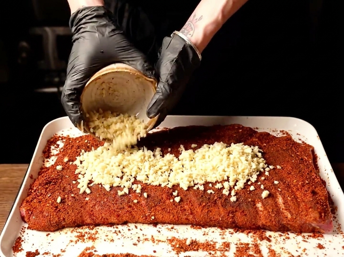 Gloved hands pouring a bowl of minced garlic over a rack of red-seasoned pork ribs.