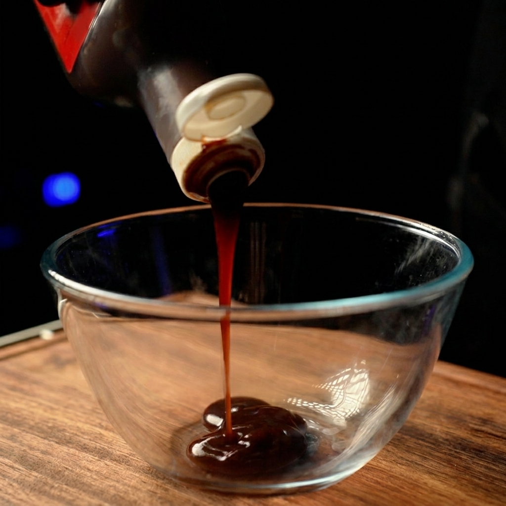 A thick, glossy, brownish-red sauce being stirred in a clear glass bowl.