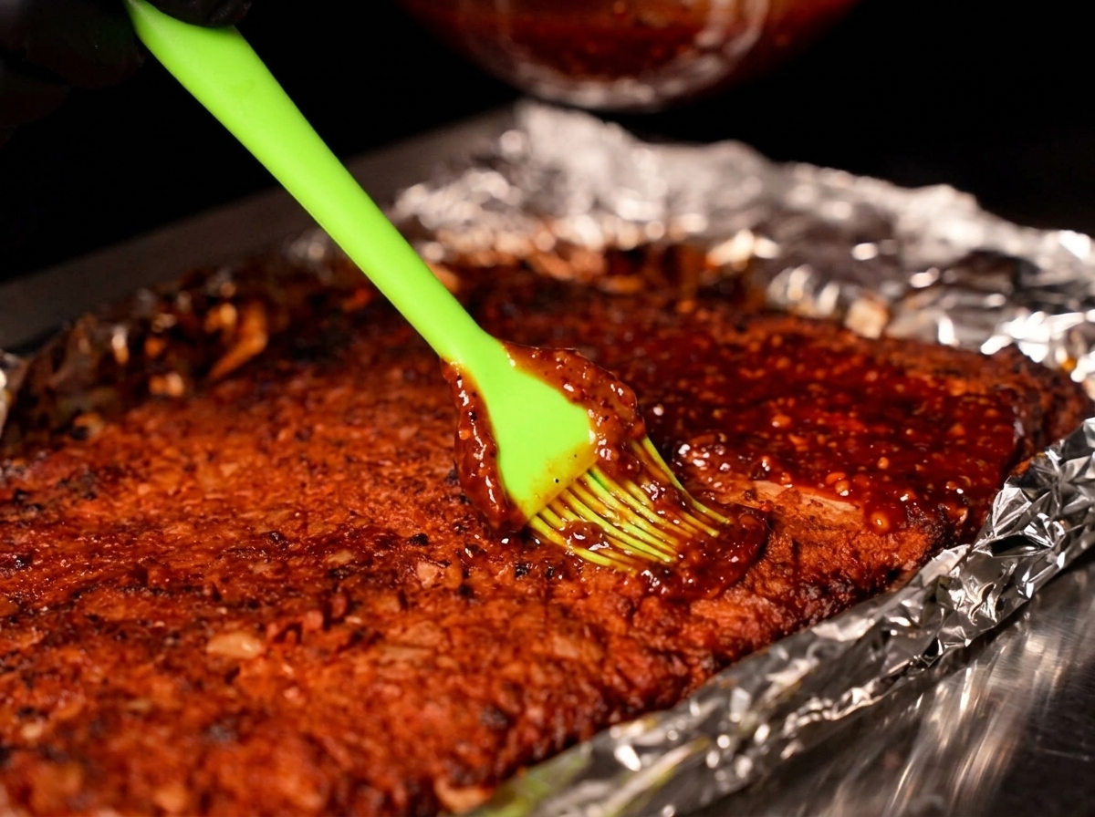 A pastry brush applying a thick, dark glaze onto roasted pork ribs removed from foil.