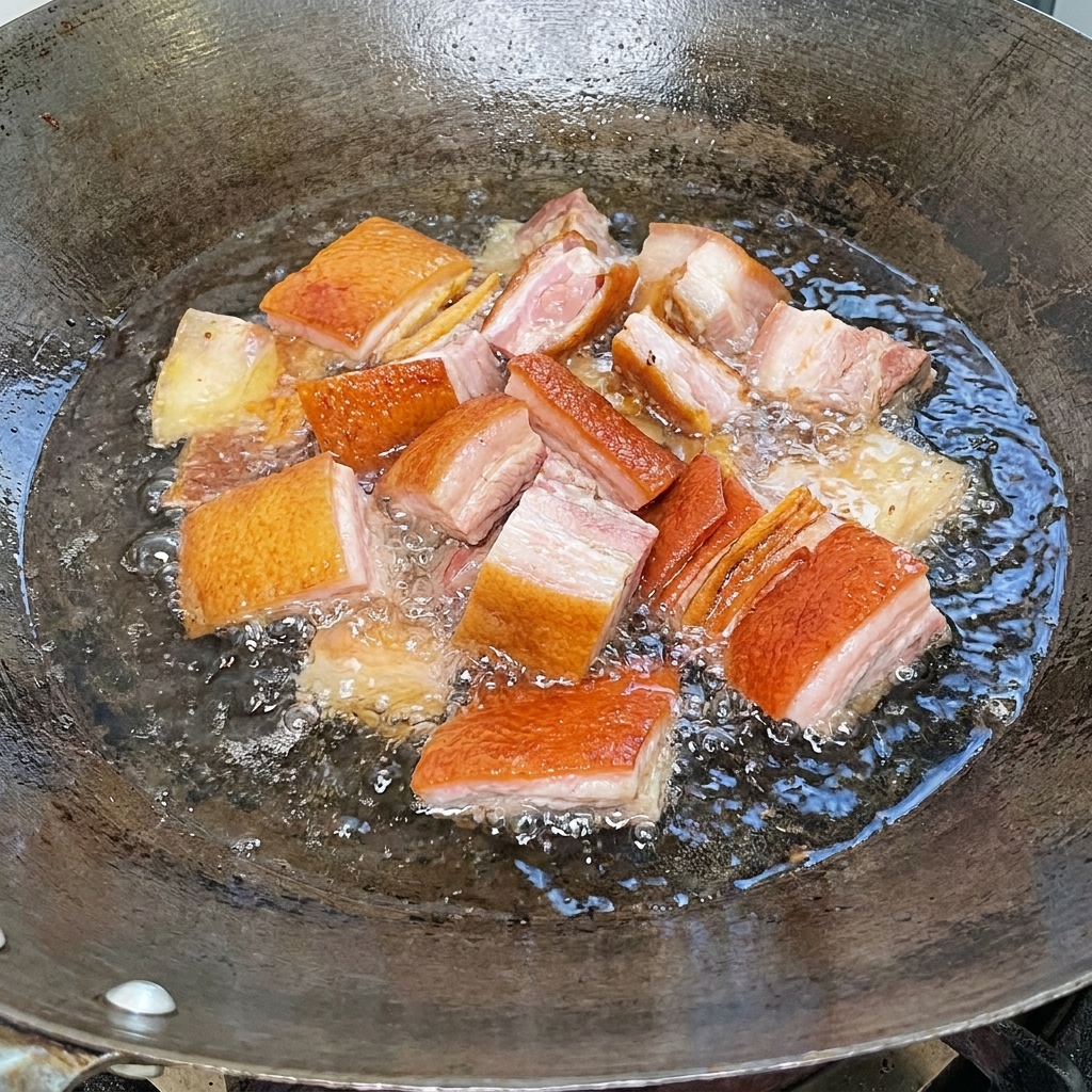 Smoked rib chunks being blanched in boiling water in a large wok.