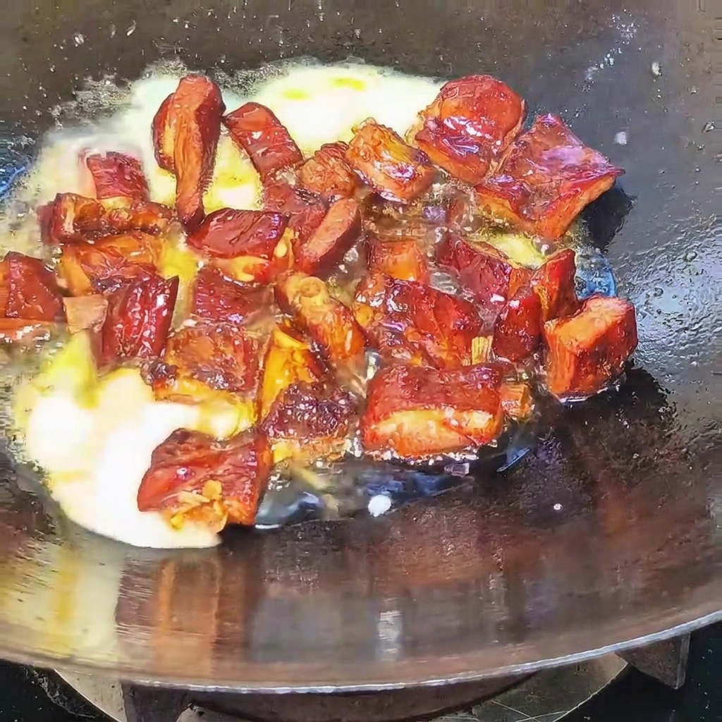 Beer pouring into a hot wok containing seared smoked ribs, creating a bubbling liquid.