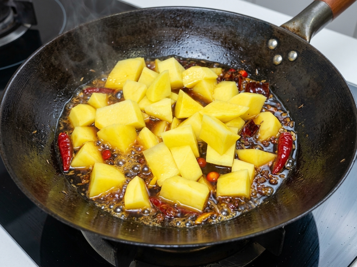 Freshly cut potato chunks being added to a simmering wok of ribs and spicy broth.