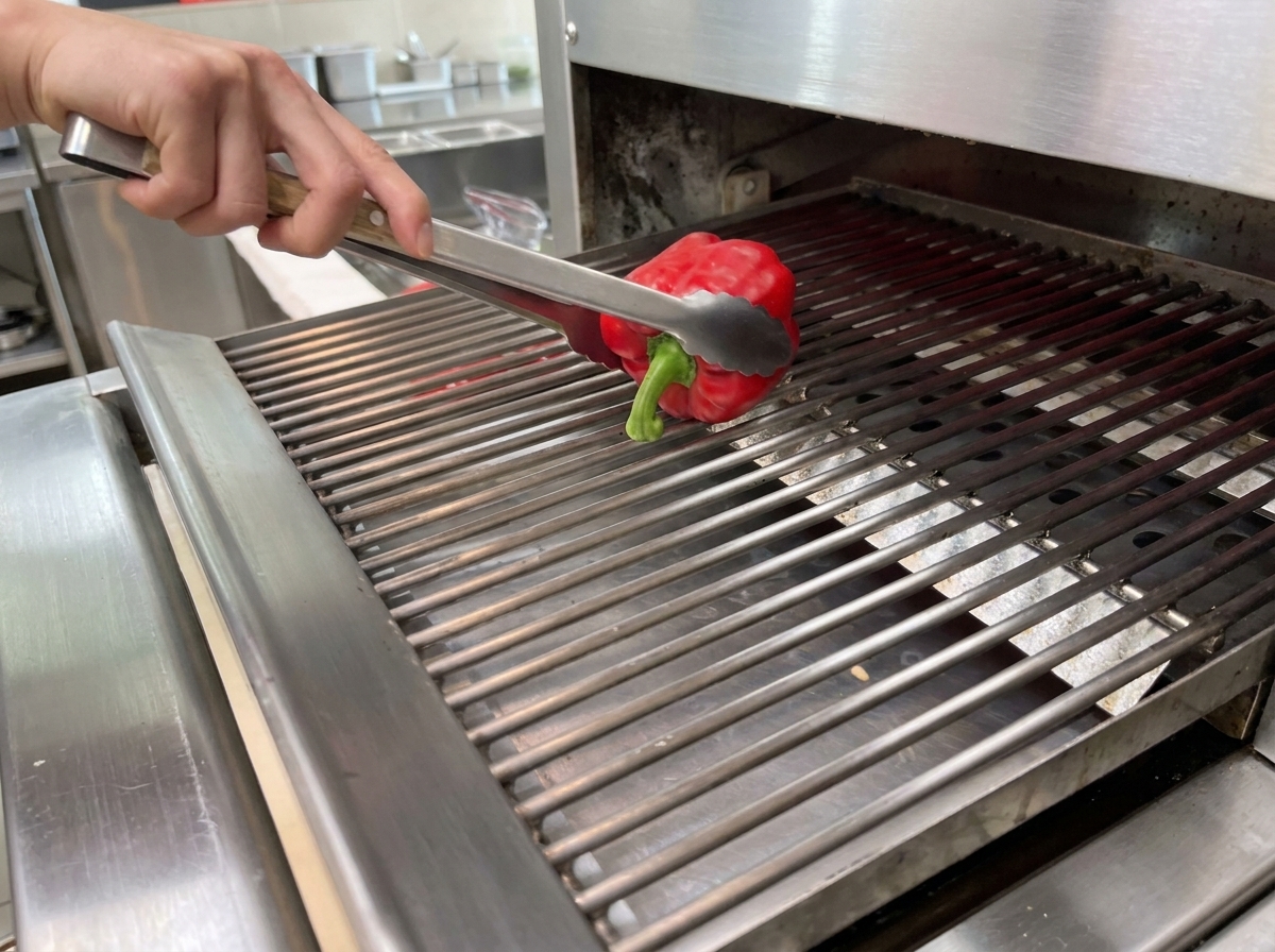 Fresh red bell peppers on a hot grill rack with charred, blistered skins.