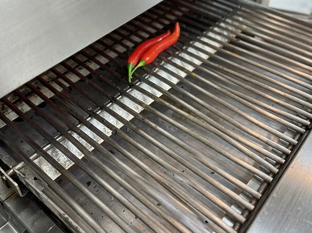 Red chili peppers roasting on the grill rack until the skins are blistered.