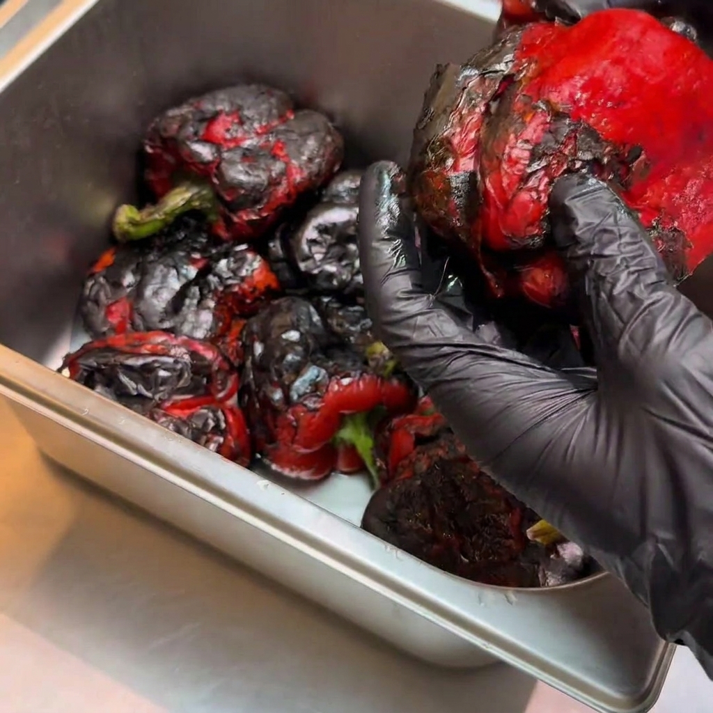 Roasted red bell pepper being peeled by hand to reveal the soft, cooked flesh.