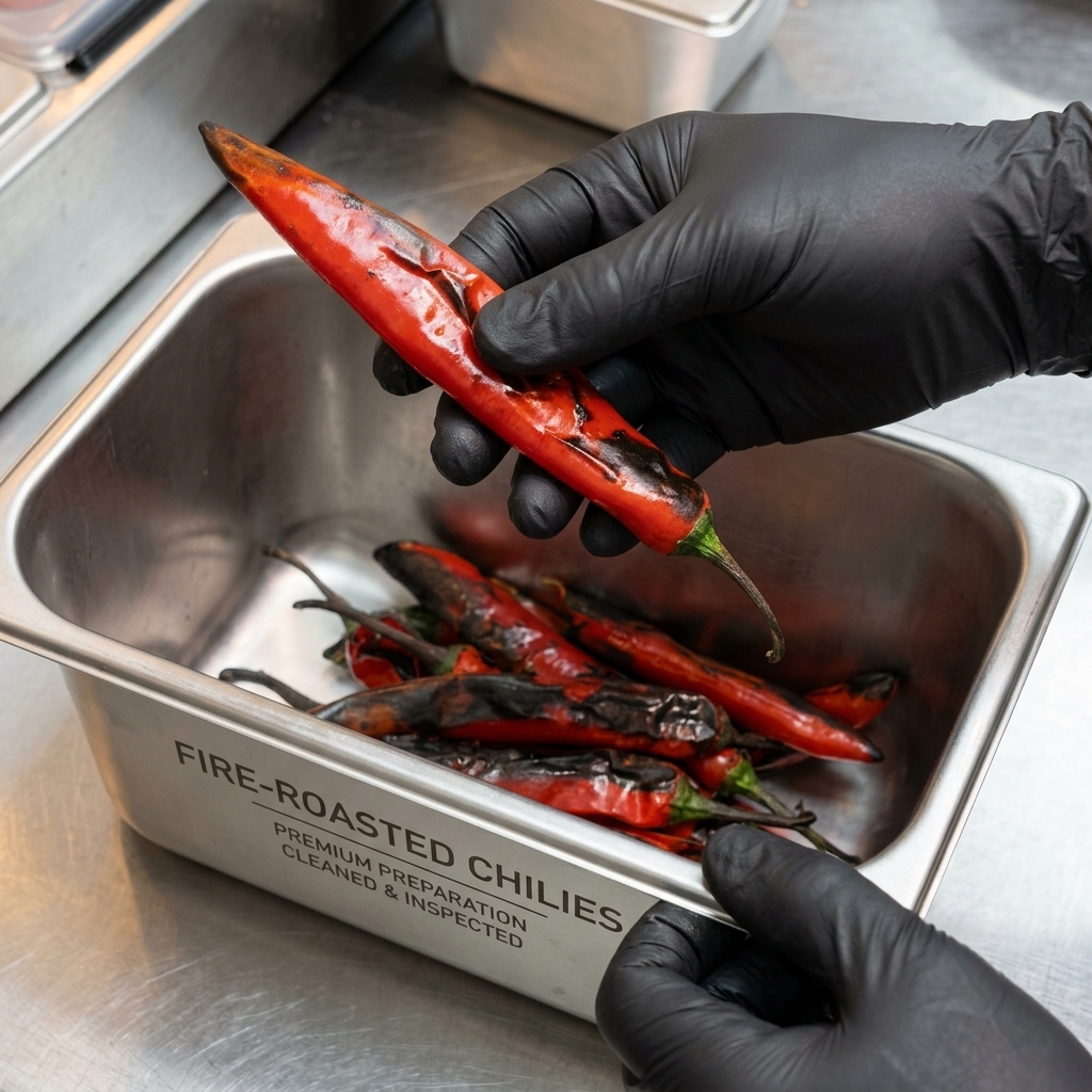 Peeled roasted red chili pepper with seeds being removed from the cavity.