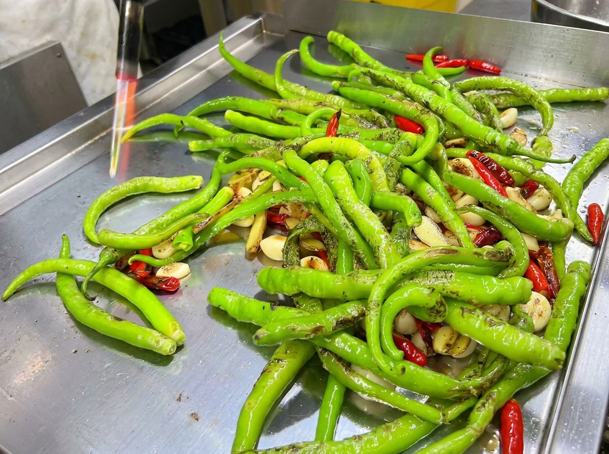 A large pile of red and green chili peppers sitting on the hot griddle next to the garlic.
