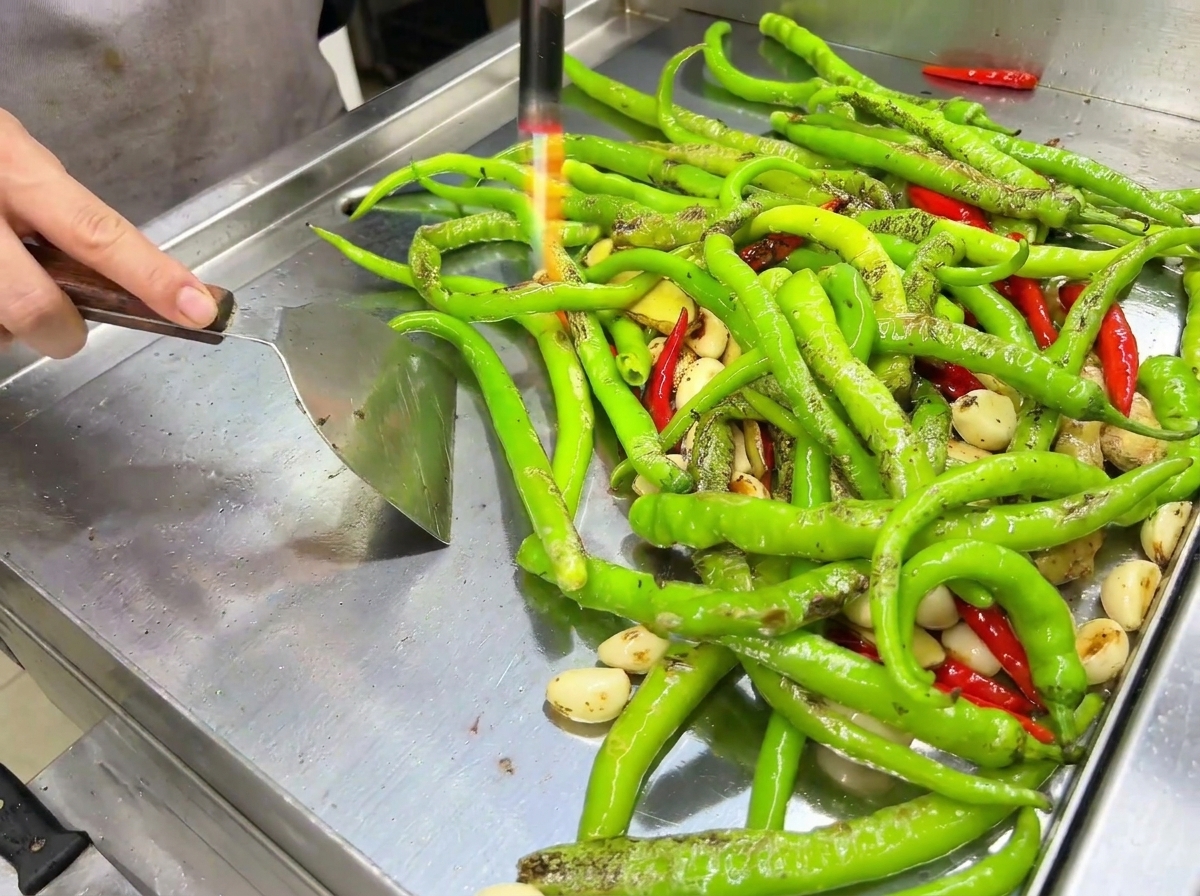 A flame from a blowtorch charring the exterior of the peppers on the griddle.