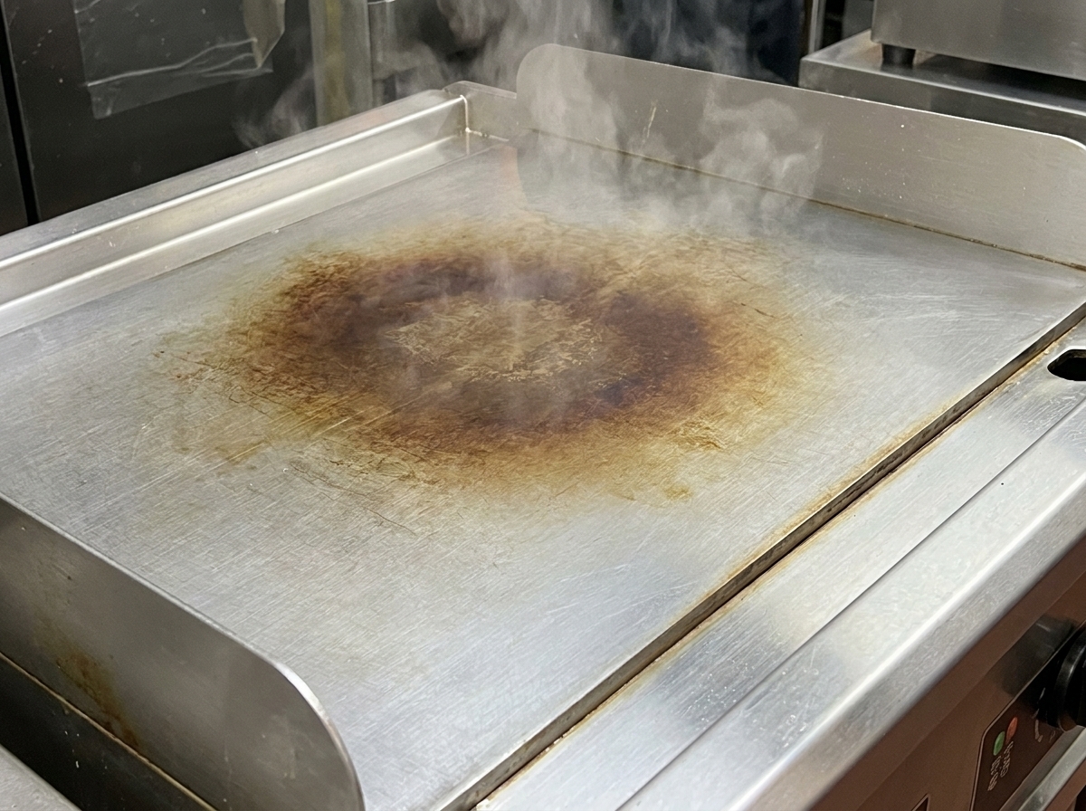 A metal spatula mixing the seasoned chili and ginger mixture on the hot griddle.