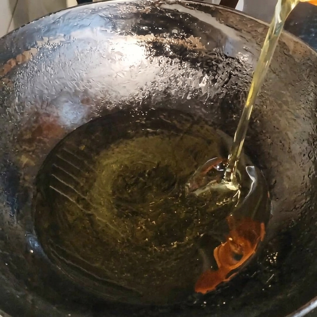 Minced garlic hitting the hot oil in a wok, starting to sizzle.
