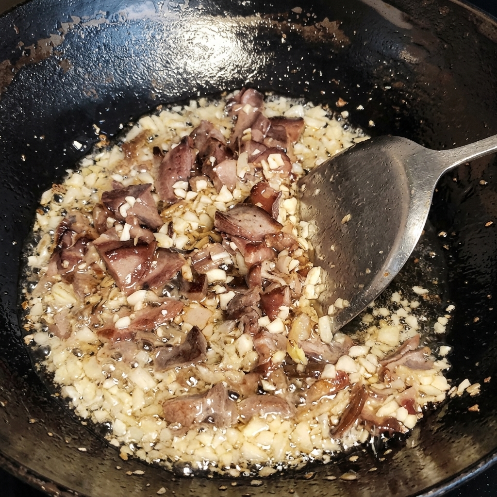 Beef and garlic stir-frying in a wok with a spatula, oil bubbling clearly around the ingredients.