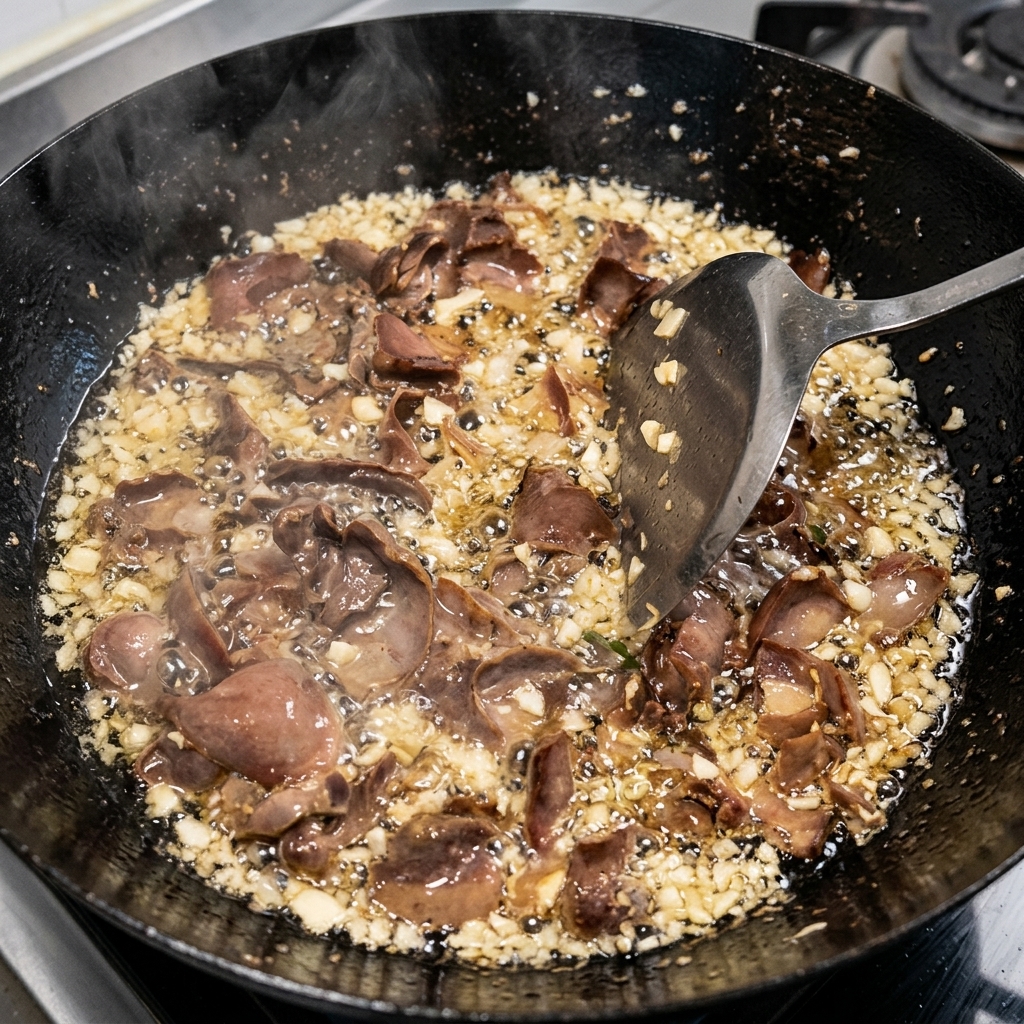 Minced ginger and dry chili flakes being added to the sizzling beef mixture in the wok.