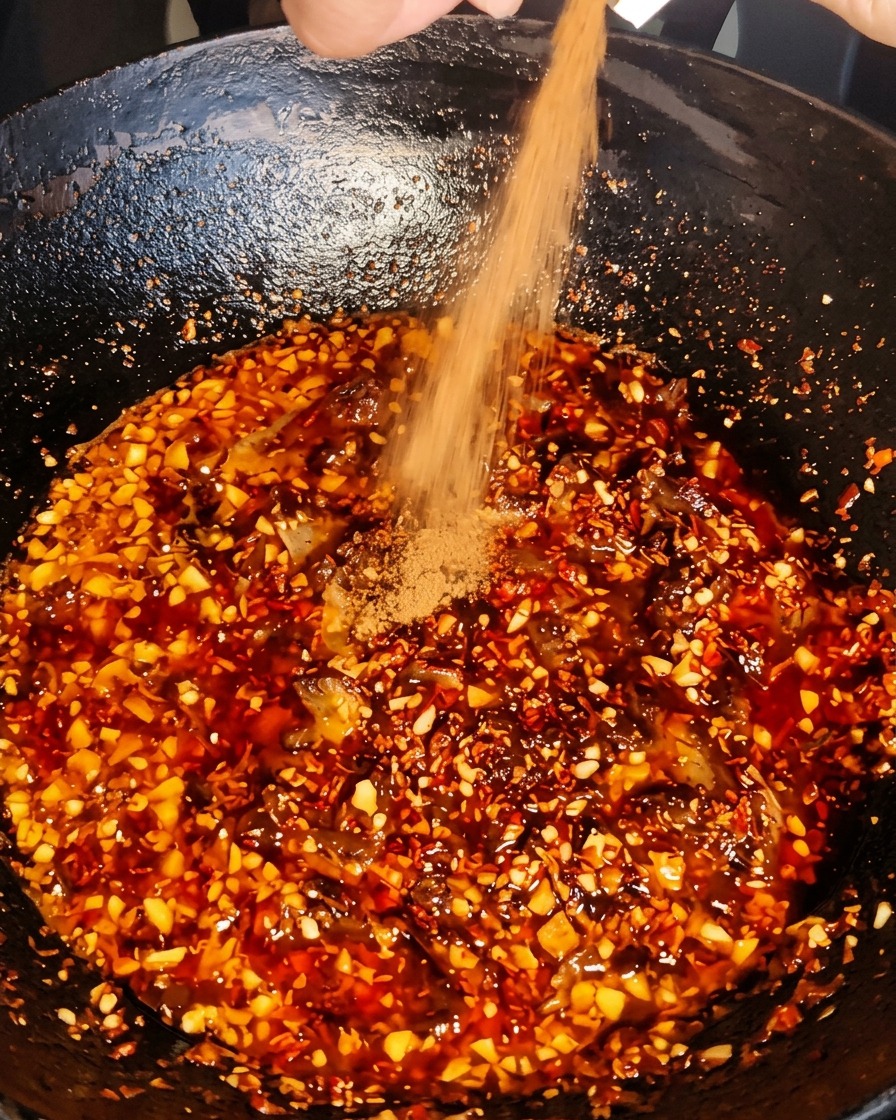 Dry spice powder being added to the simmering beef and chili mixture in the wok.