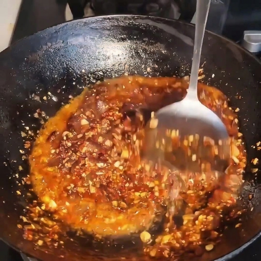 A metal spatula stirring a vibrant red, oily chili beef sauce in a seasoned wok.