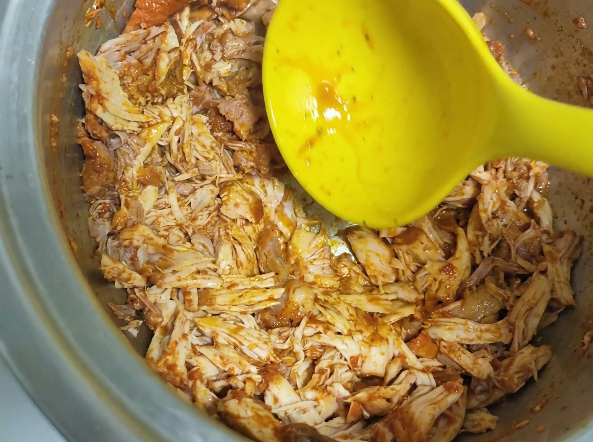 Fully shredded cooked pork being stirred in a large metal pot with a yellow ladle.