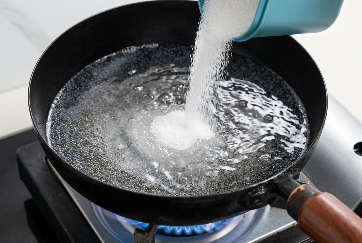 Salt being poured from a blue container into a black pan of boiling water with visible oil droplets on the surface.