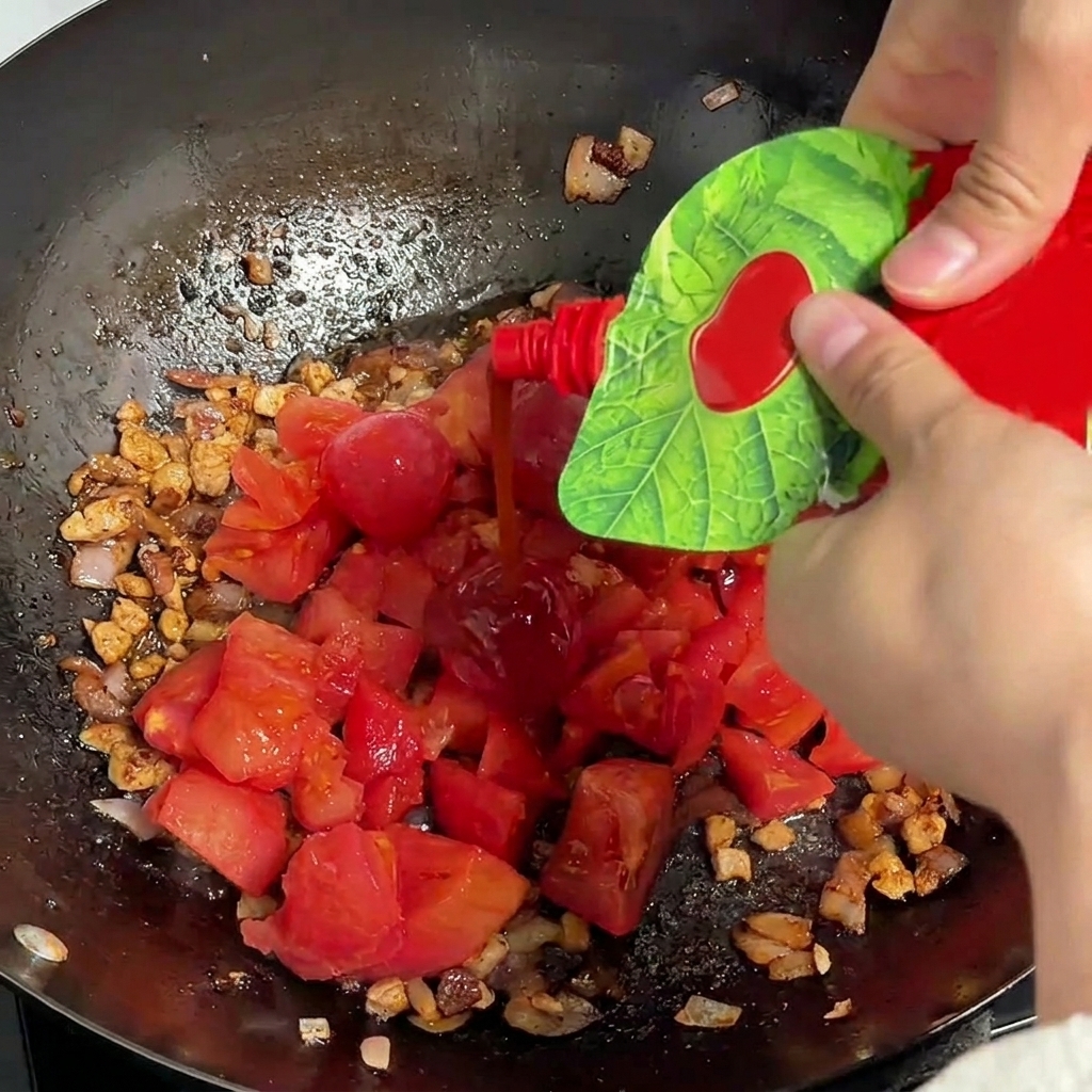 Thick red tomato paste being squeezed from a packet into the simmering meat and tomato mixture in a wok.