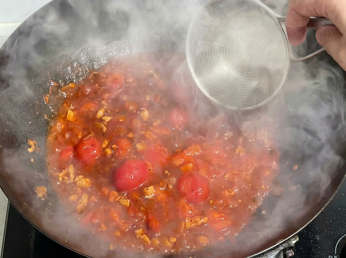 A small bowl of water being poured into the red tomato and meat sauce simmering in a wok.