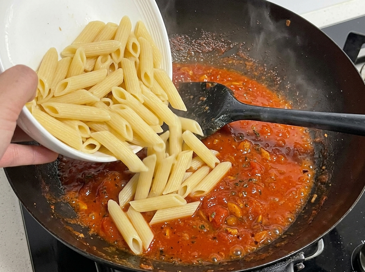 Boiled penne pasta being poured from a white bowl into the bubbling red sauce in a wok.