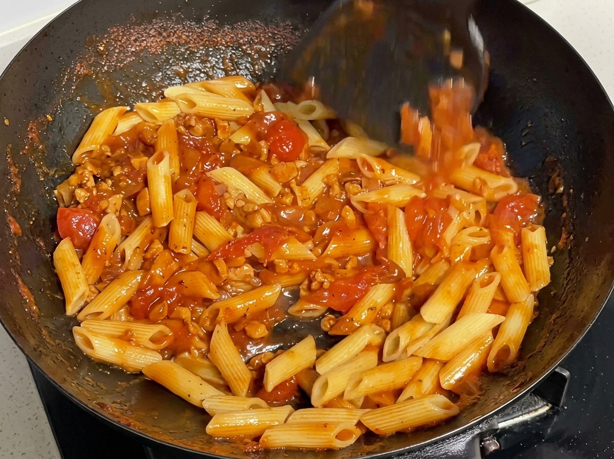 A black spatula mixing cooked pasta into a bubbling red tomato meat sauce in a hot wok.