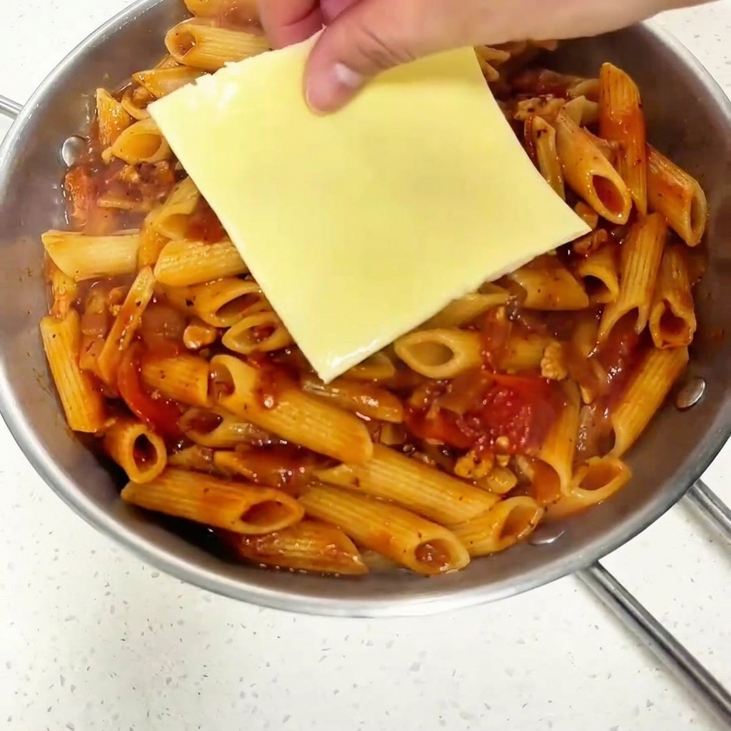 A slice of pale yellow cheese being placed onto the finished tomato meat sauce macaroni in a serving dish.