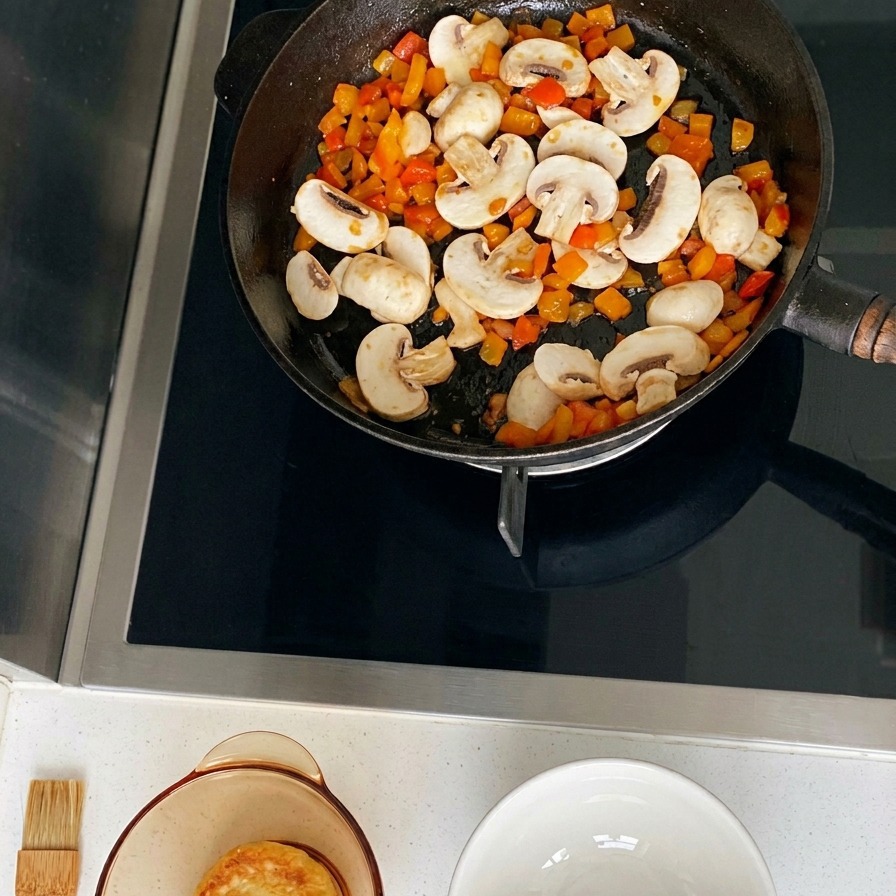 Sliced white mushrooms and diced vegetables being stir-fried together in a black skillet.