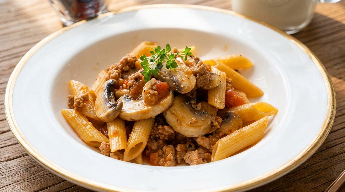 Savory Mushroom and Pork Bolognese Penne