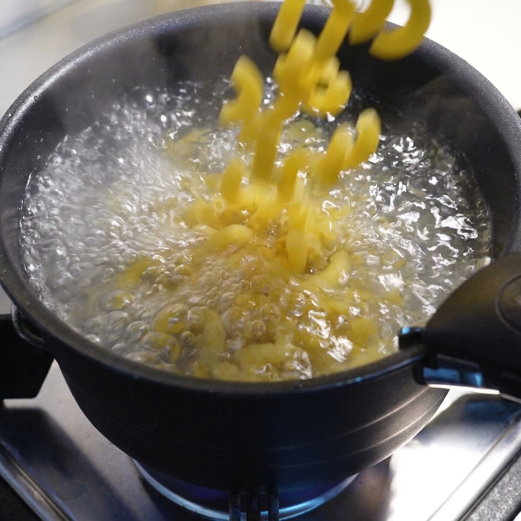 Dry macaroni being poured into a pot of rapidly boiling water.