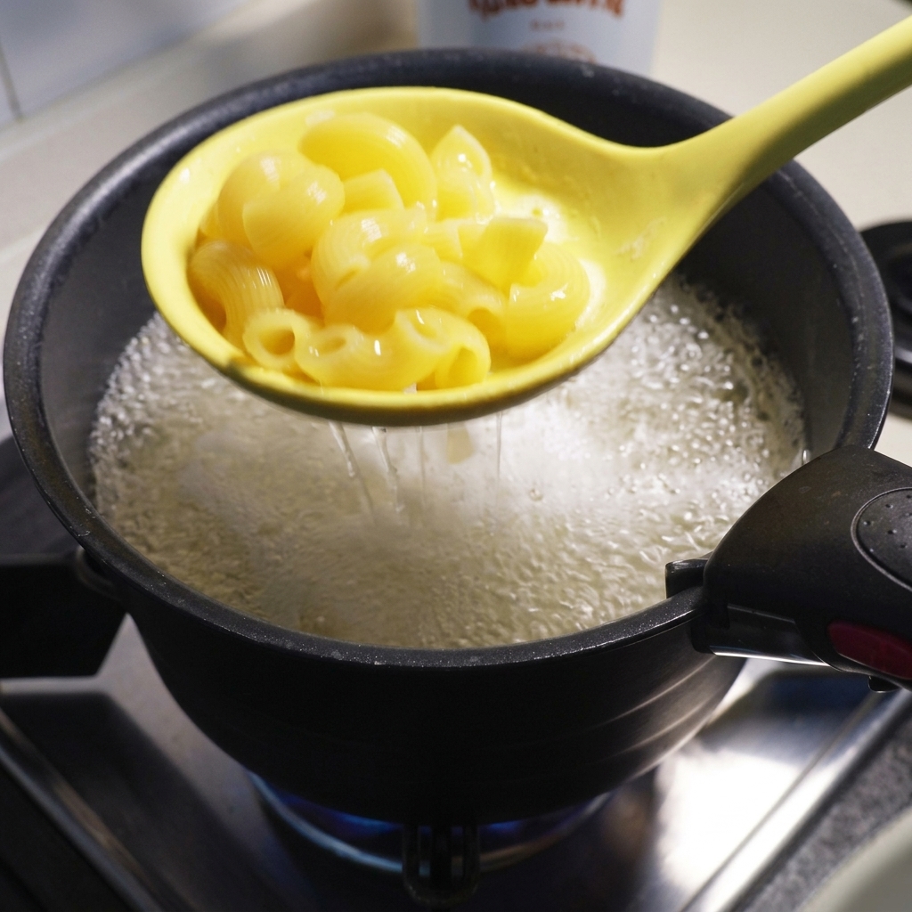 A yellow slotted spoon lifting cooked macaroni out of a pot of steaming hot water.