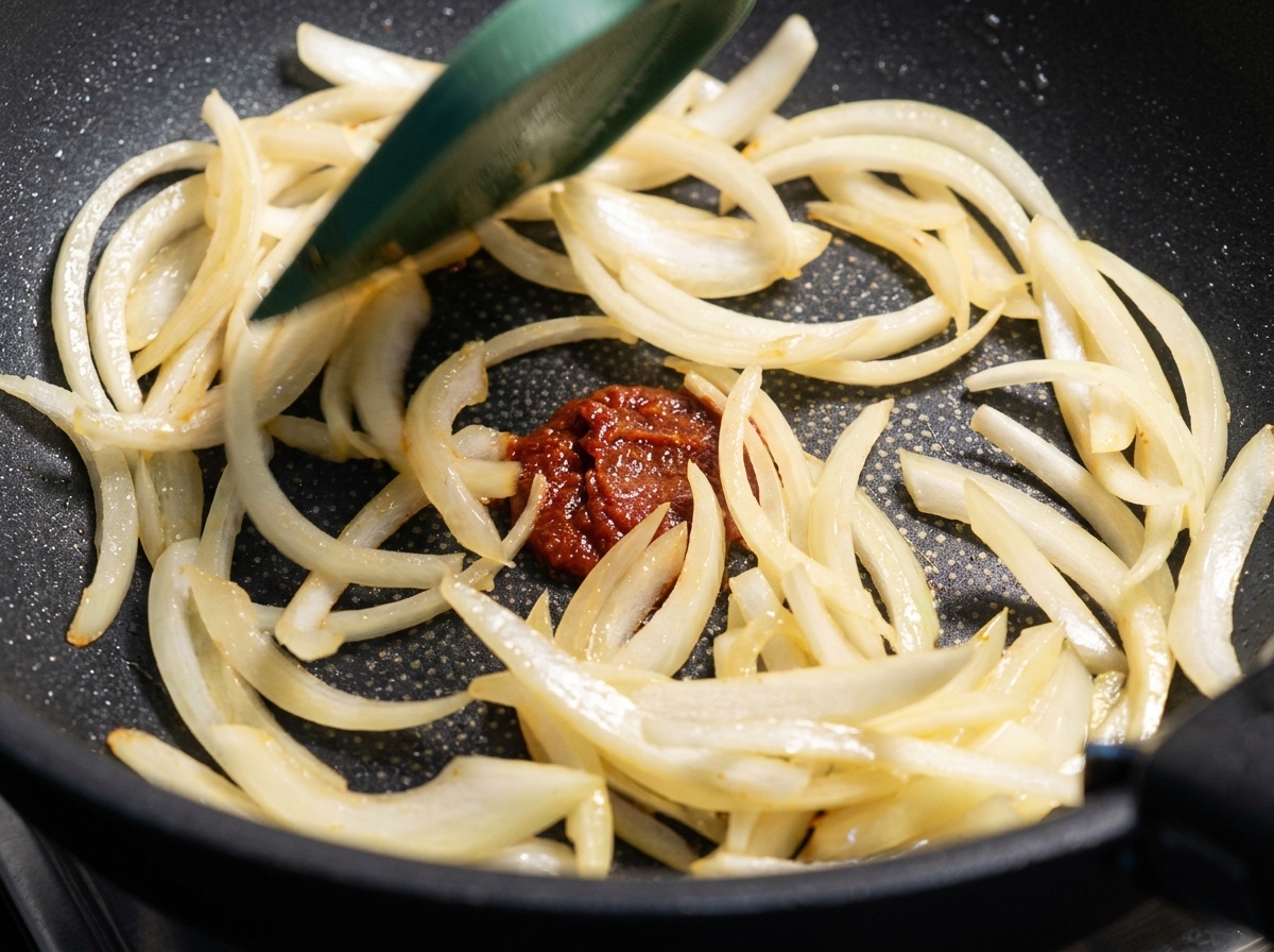 Sliced white onions being stir-fried in a pan with a spatula.