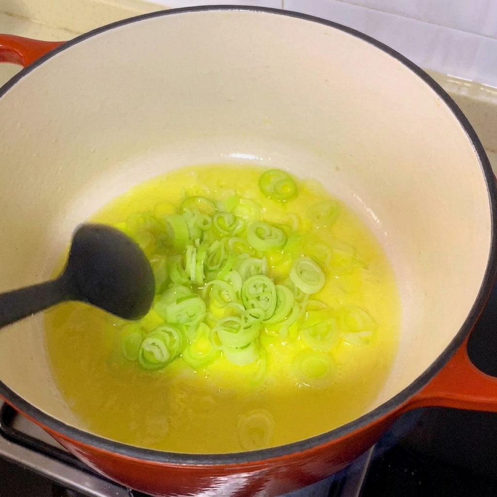 Sliced green onions sizzling in hot oil inside a large red pot.