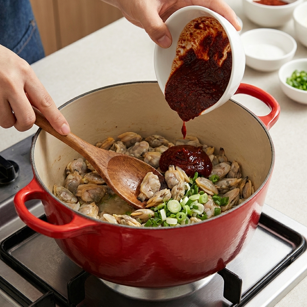 A thick red and brown paste mixture being poured into the pot with clams and scallions.