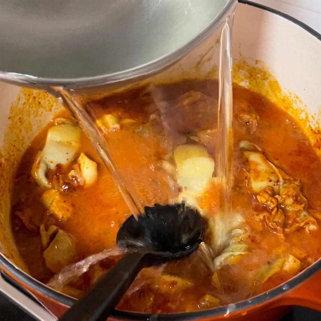 Clear water being poured into a pot containing clams and spicy paste.