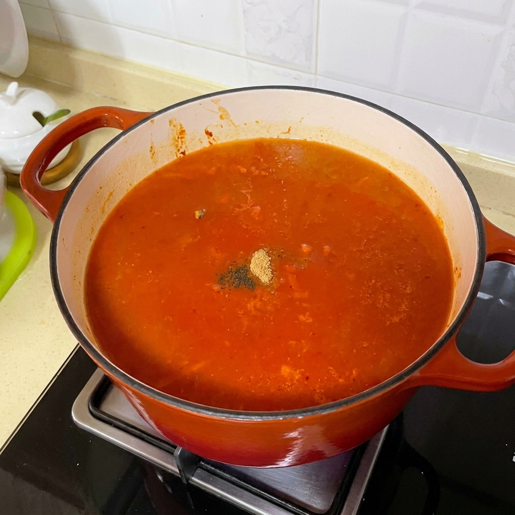 Powdered seasonings being sprinkled into a bubbling red broth.