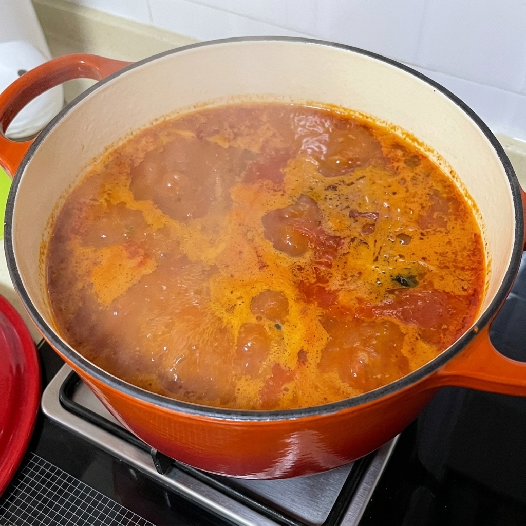 Freshly cut potato slices being added to the bubbling spicy clam soup.
