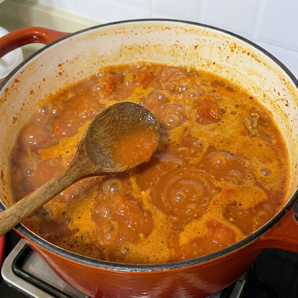 Minced garlic and light soy sauce being stirred into the rich, red clam soup.