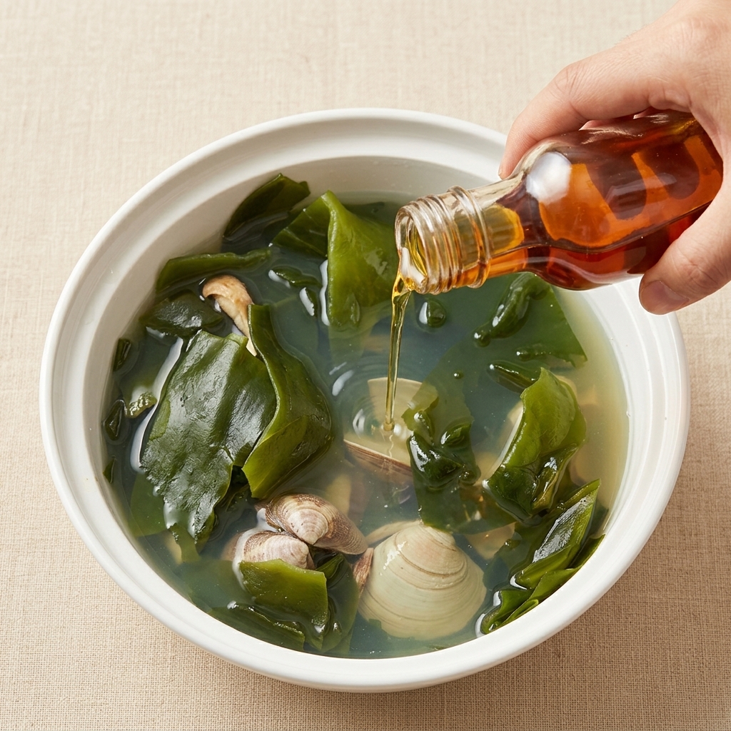 A clear, aromatic clam and seaweed soup being finished with a drizzle of golden sesame oil.