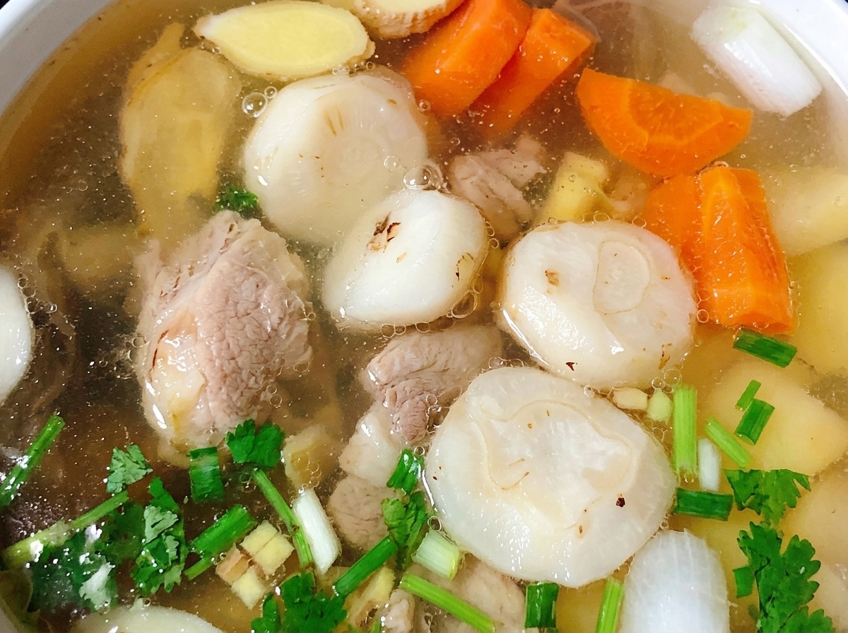 A pot of simmering chicken soup with carrots, potatoes, and water chestnuts.