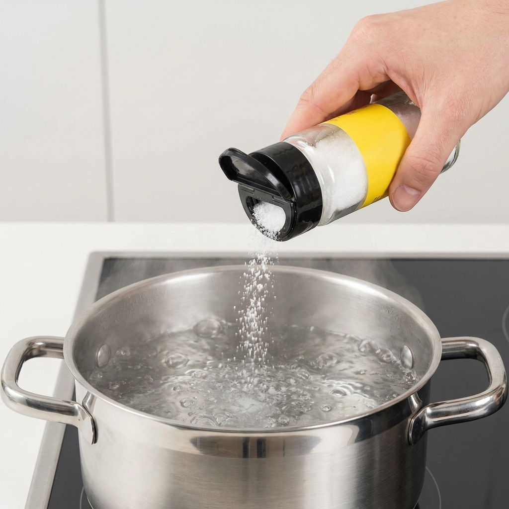 A close-up of a hand shaking salt into a pot of boiling water on the stove.