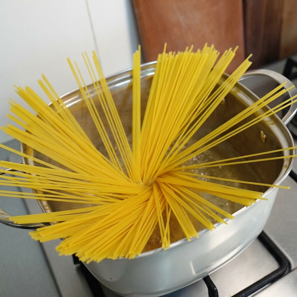 Dry spaghetti noodles fanned out and submerging into a pot of boiling water.