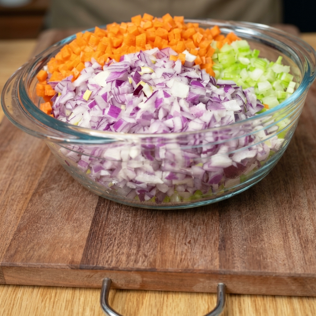 A bowl filled with finely diced raw onions, carrots, and celery.