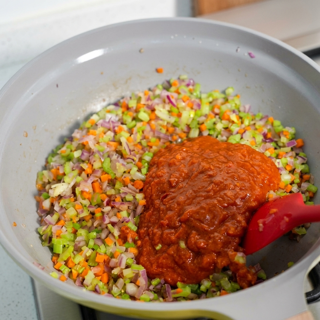 Tomato sauce being poured into a pan with sautéed vegetables.