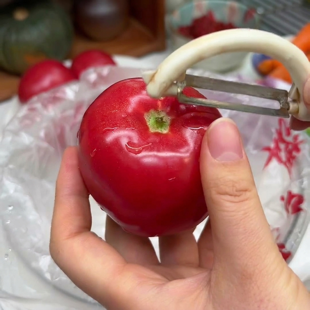 Hands holding a vibrant red tomato while using a white vegetable peeler to strip away the skin.