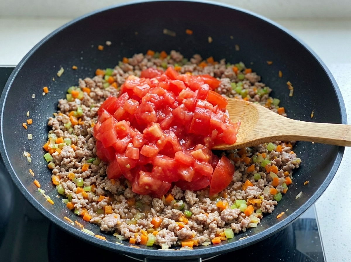 Fresh diced tomatoes and a dollop of red tomato paste being added to the cooked meat and vegetable base in a wok.