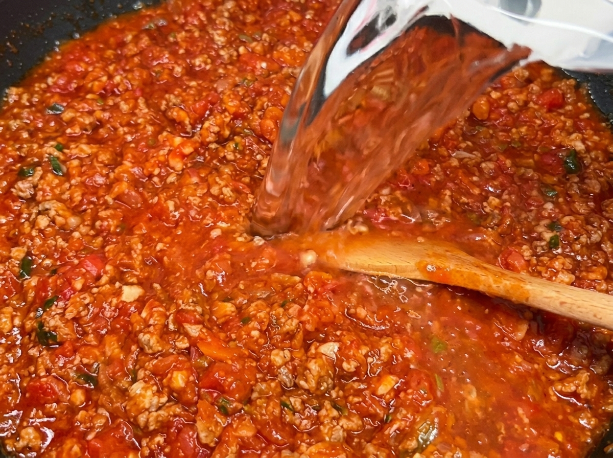Water being poured from a clear vessel into a thick, vibrant red tomato and meat sauce base in a large pan.
