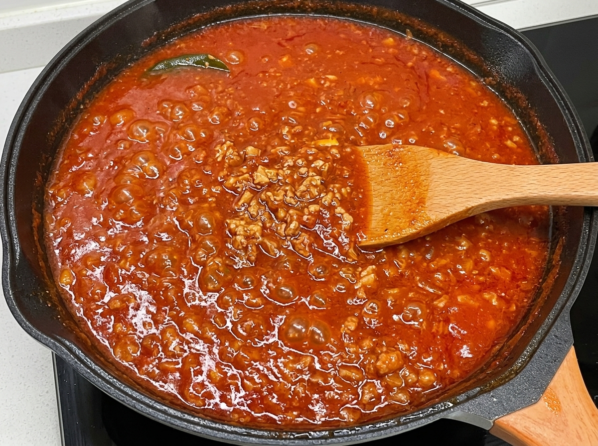 Rich, simmering tomato meat sauce being stirred with a wooden spoon in a dark pan, showing a smooth, thick consistency.
