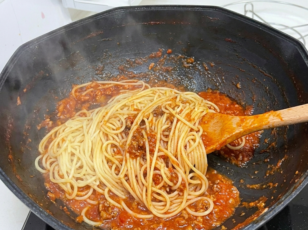 Boiled spaghetti noodles being mixed with a rich tomato meat sauce in a black wok using a wooden spoon, with steam rising.