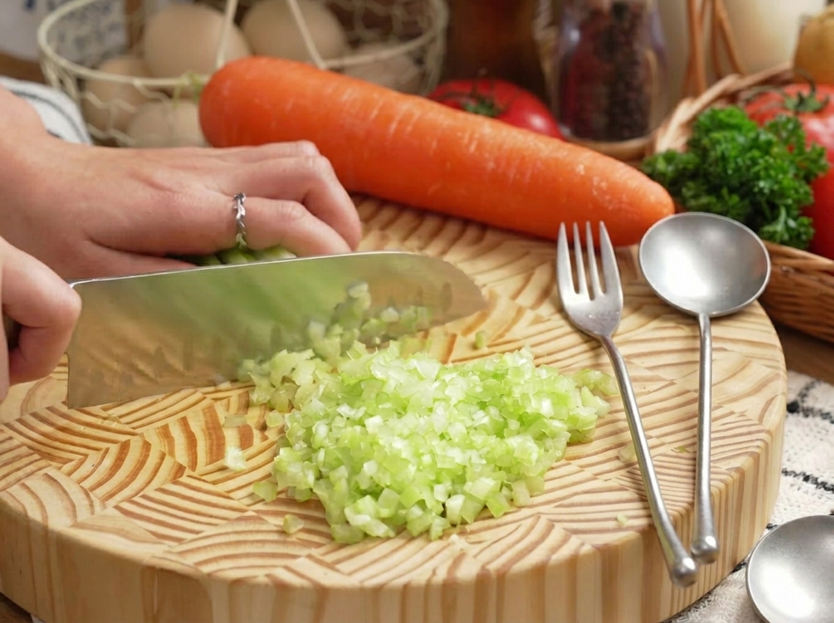 Hands using a large knife to chop green celery on a round wooden cutting board.