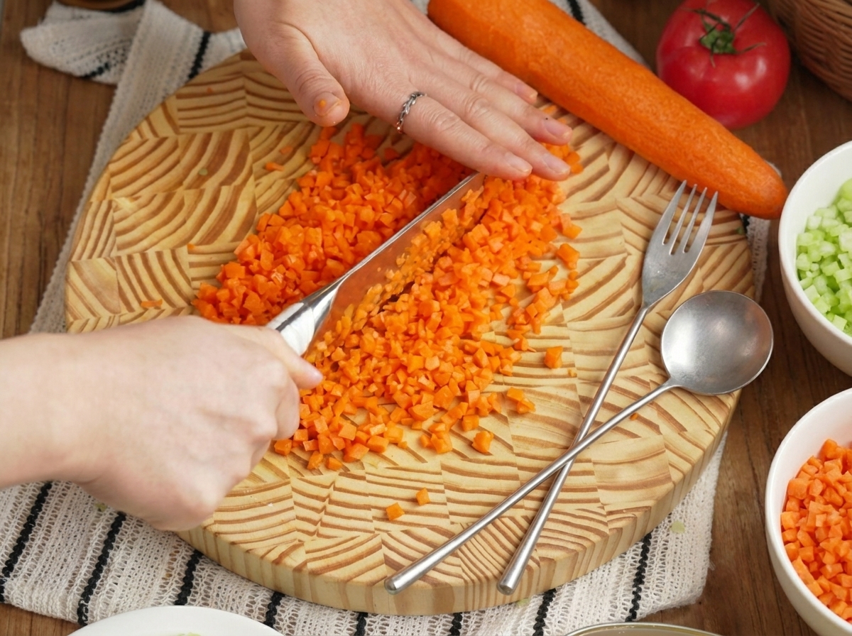 Hands dicing bright orange carrots finely on a wooden cutting board with a knife.