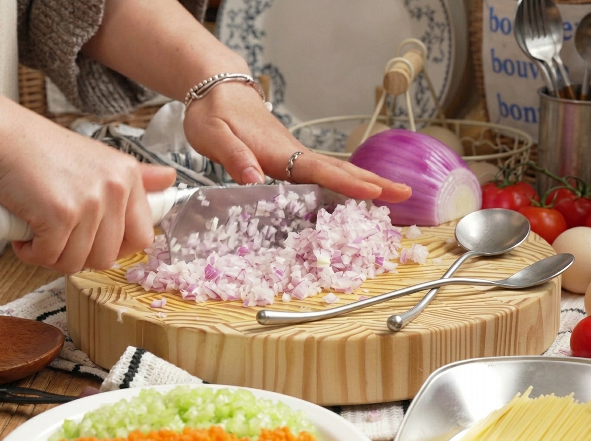 Hands chopping a red onion into small pieces on a wooden cutting board.